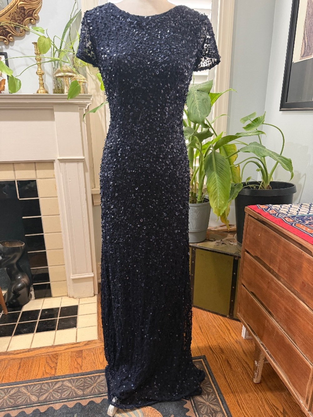 Navy blue sequin gown.